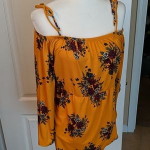 Mustard open shoulder top with floral print